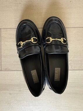 MIA Black Patent Loafers with Gold Bit Detail
